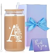 MAFYE Initial Glass Cups with Lids and Straws, Monogrammed Gifts for Women, 16oz Beer Glass Tumbl...