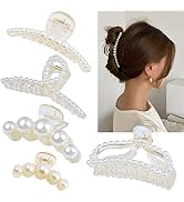 DEEKA 5 Pcs Large Pearl Hair Claw Clips White Black Hair Clips Thick Long Hair Jaw Clips Barrette...