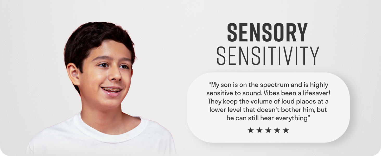 Happy boy with hearing sensitivity looking calm and relaxed because of decibel reducing earplugs