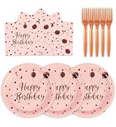 75PCS Happy Birthday Paper Plates - 7 Inch Rose Gold Dot Paper Plates and 6.5 Inch Napkins with 6...