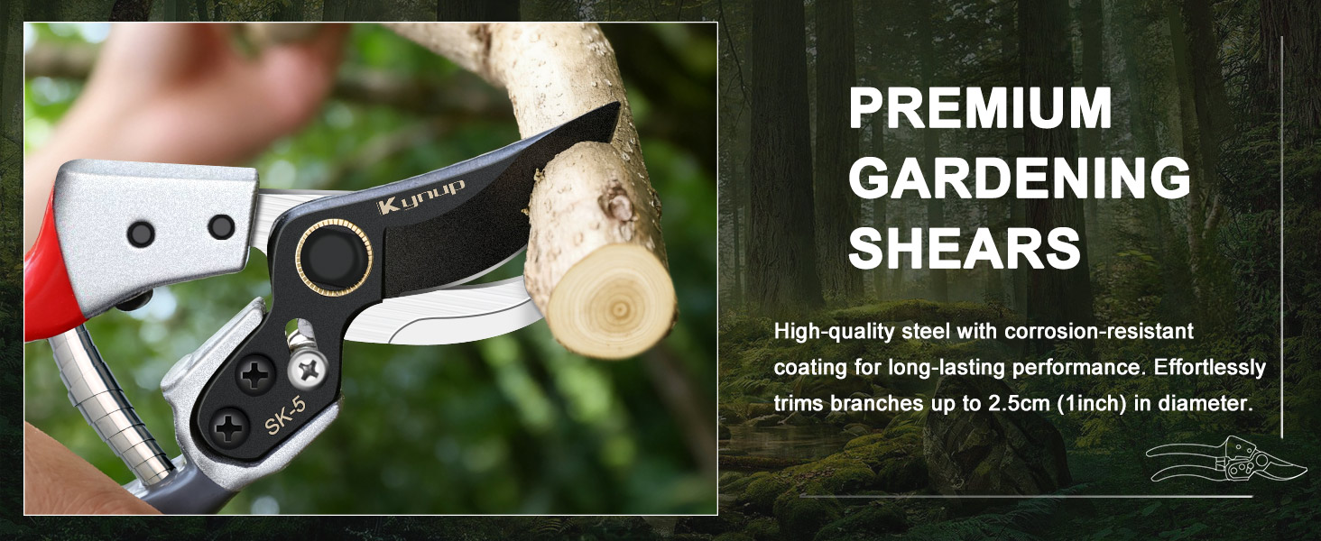 Text reads 'PREMIUM' and 'GARDENING SHEARS'. Professional product photography of black gardening shears against dark background with technical lighting.