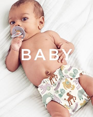 Baby wearing an Esembly cloth diaper with the word "baby" overlaid on top of the image