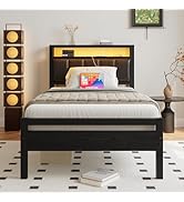 HOJINLINERO Twin Bed Frame with Charging Station & LED Lights,Storage Upholstered Headboard,Metal...