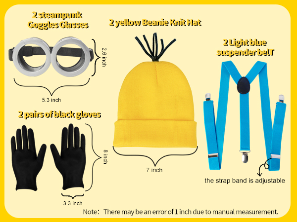 Halloween Costume Accessories Adults,Yellow Beanie/Goggles/Gloves/Suspenders,Halloween Cosplay
