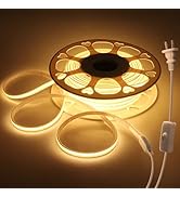 Outdoor COB LED Strip Lights Waterproof Self-Adhesive Plug In with Switch AC 110V-130V 82FT Warm ...