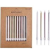PHD CAKE 24-Count Long Birthday Candles in Holders in Gold Silver Rose Gold White, Cake Candles, ...