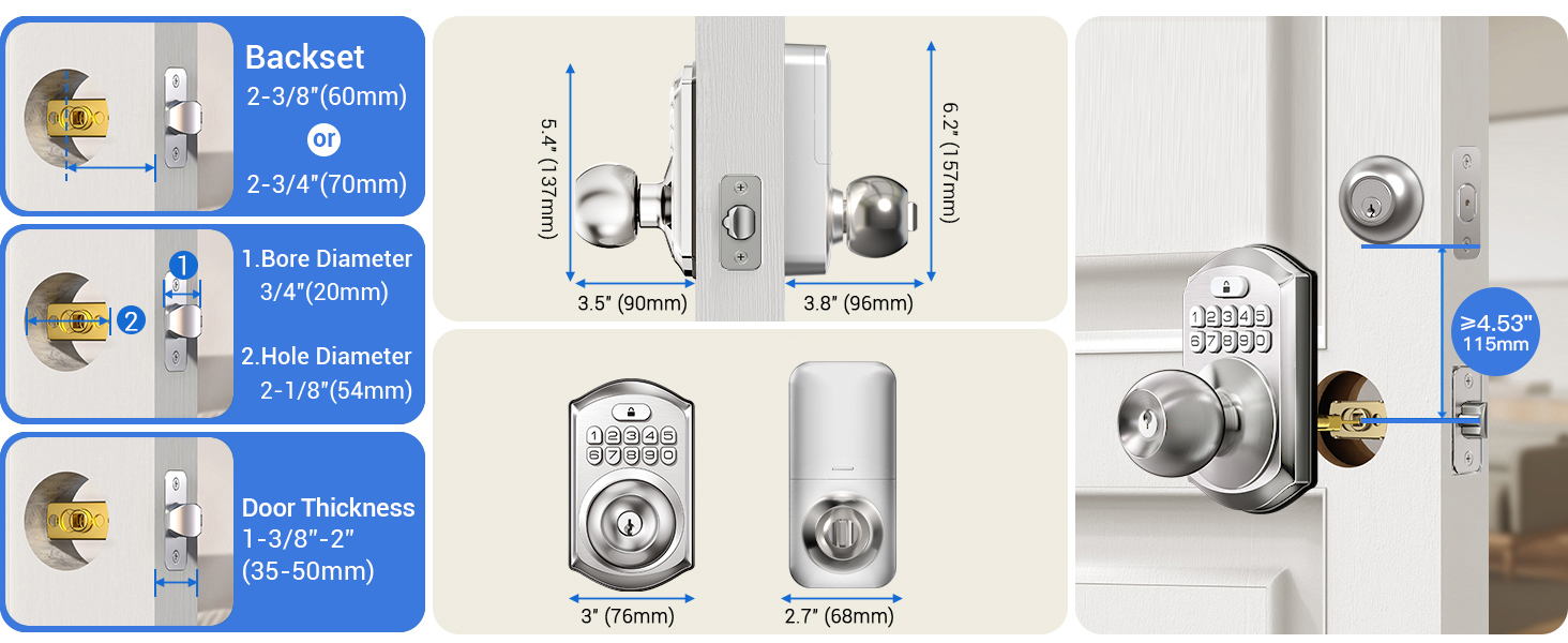 The lock fits doors with 54 mm door holes, 60/70 mm backset, and 35–50 mm door thickness
