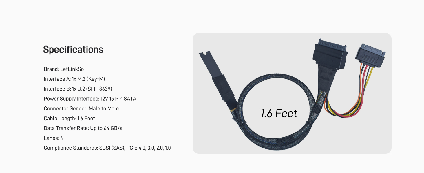 LetLinkSo Gen4 PCIe 4.0 M.2 to U.2 SFF-8639 NVMe SSD Card Connector Adapter Cable