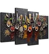 iHAPPYWALL Kitchen Pictures Wall Decor 4 Pieces Couful Spice in Spoon Vintage Canvas Wall Art Foo...