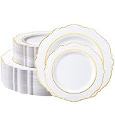 realluck 100PCS White and Gold Plastic Plates, Elegant Baroque Gold Rim Disposable Plates - 50 Di...