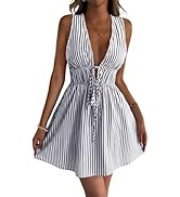 Inroserm Women's Summer Beach Striped Swimsuit Cover Up Vacation Deep V Neck Backless Mini Dress