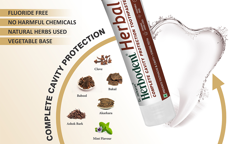 Herbal toothpaste tube with water splash. Features include fluoride-free, no harmful chemicals, natural herbs, and vegetable base. Ingredients shown: clove, bahool, miswak, akarkara, babul bark, and mint flavor.