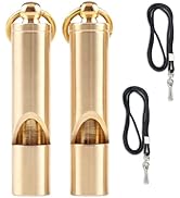 Premium Brass Whistles 125 decimals Set of 2 - Includes 2 Black Lanyard 30 Inches - Loud Survival...