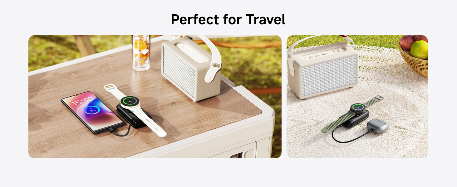 Travel-sized skincare set including bottles and containers on a wooden surface. Text reads 'Perfect for Travel'.