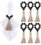 Meplait 6 Pieces Wooden Bead Napkin Rings - Farmhouse Stretchable With Tassel, Boho Style for Din...