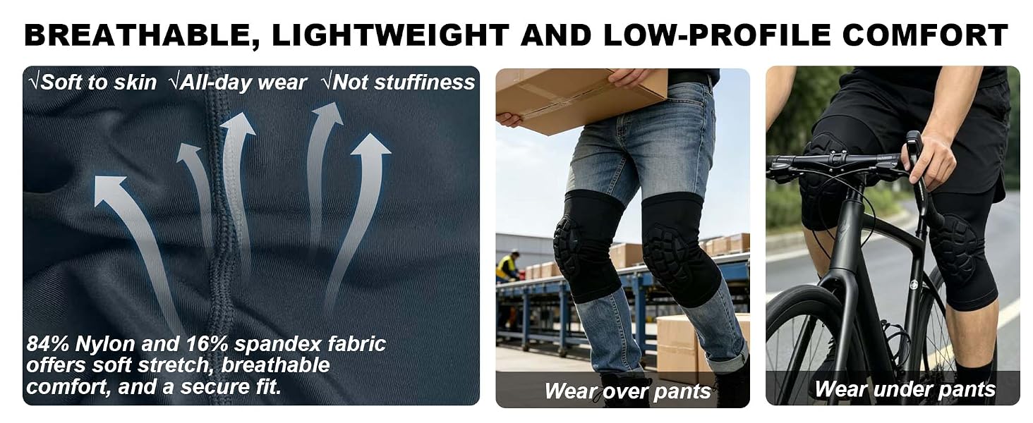 Breathable lightweight knee sleeve can be worn under or over pants, low-profile for all-day wear