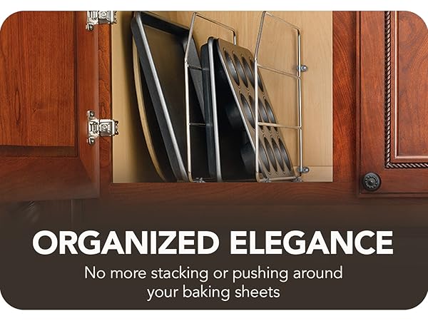 Image of Tray Dividers inside cabinet. Text reads: Organized Elegance. ?