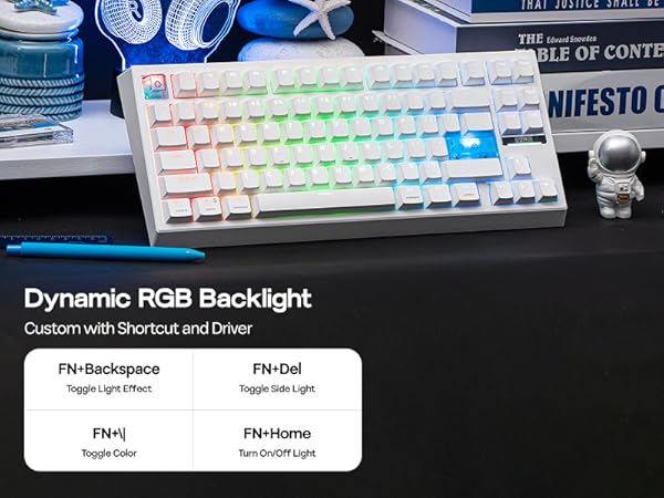 Text reads 'Dynamic RGB Backlight'. Gaming keyboard with illuminated keys showing different color patterns and lighting effects.