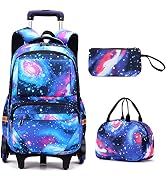 Blue-Galaxy Rolling-Backpack Bookbag on Wheels with Lunch Bag, Galaxy Design Backpack with Wheels...