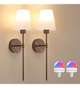 Shenmoyl Battery Operated Wall Sconces Set of 2, Walnut Color Wall Lamp 5000 mAh Rechargeable Bul...