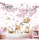decalmile Woodland Animals Pink Flower Wall Stickers Cherry Blossom Branch Deer Fox Wall Decals B...