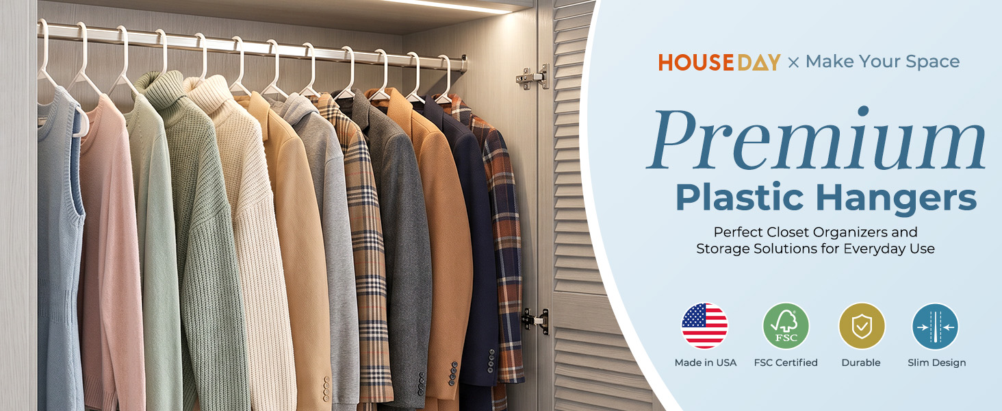 Winter coats and chunky sweaters on sturdy white hangers. 50 pack for seasonal rotation