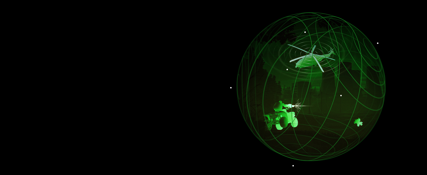 - A sphere containing a helicopter and a person riding an ATV while firing a gun
