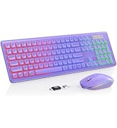 Wireless Keyboard and Mouse Combo, RGB Backlit, Rechargeable & Light Up Letters, Full-Size, Soft ...