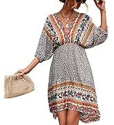 GOTOTOP Women Summer Dress Casual Backless Puff Sleeve Dresses 3/4 Sleeves A Line V Neck Boho Tun...