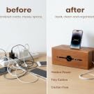 Before and after comparison showing messy cables vs tidy cables in LIDZORA box