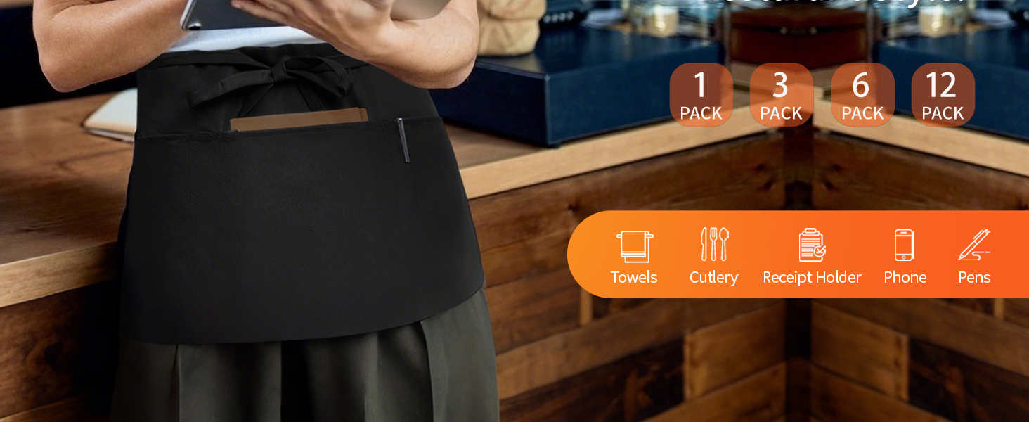BOHARERS Waist Apron with 3 Pockets - Black Waitress Waiter Server Short Aprons