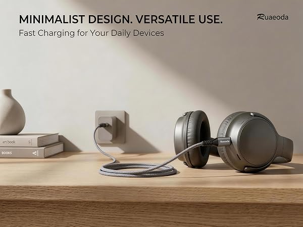 Minimalist grey micro USB cable for headphones and tablets, fast charging grey braided cord.