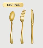 150PCS Gold Plastic Silverware, Heavy Duty Gold Silverware Disposable, Plastic Gold Dinnerware Se...