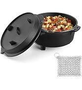 5QT Cast Iron Dutch Oven with Stainless Steel Scrubber, HaSteeL 2-In-1 Pre-seasoned Camping Pot, ...