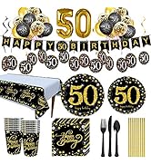 Trgowaul 50th Birthday Party Supplies - Black and Gold Disposable Paper Plates, Napkins, Cups, Ta...