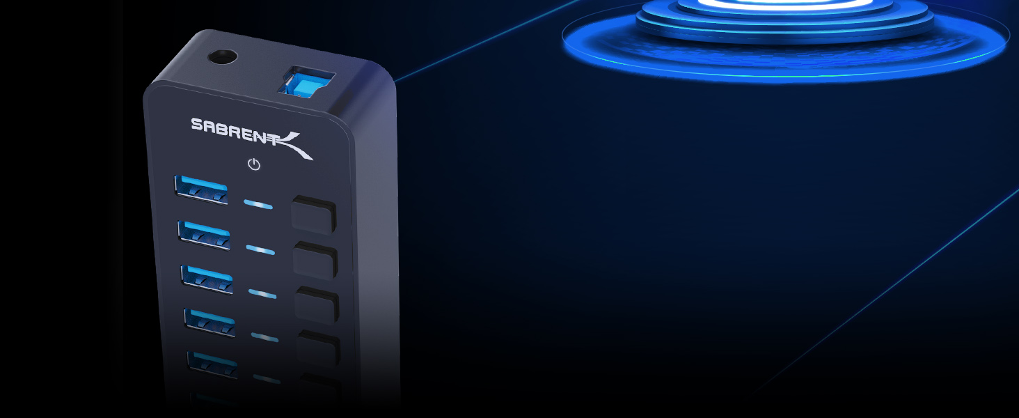 Overhead view of SABRENT USB Hub highlighting layout of 10 USB ports and smart charging capability.