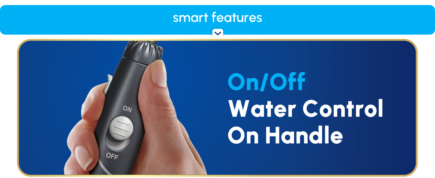 Image of Waterpik flosser with text reading on off water control on handle.