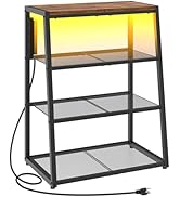 HOOBRO 4-Tier AV Media Stand, Stereo Stand with Charging Station and LED Light, Wooden Stereo Cab...