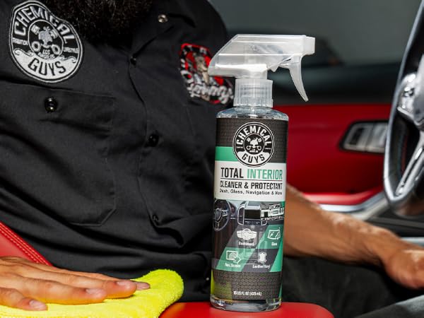 Quick interior cleaning with Chemical Guys Total Interior spray bottle