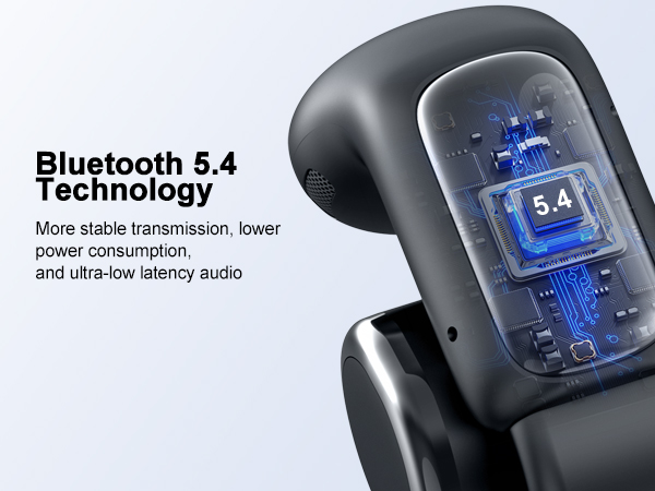 Black wireless earbud with transparent section showing internal Bluetooth 5.4 chip.