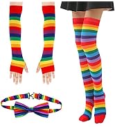 BigOtters Knee High Socks, Rainbow Stripe Thigh High Socks Arm Warmer Fingerless Gloves Set Crazy...
