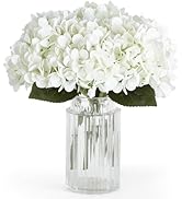 Mkono 6 Pack Artificial Hydrangea White Fake Folwers with Long Stem and Leaves Faux Floral Real T...