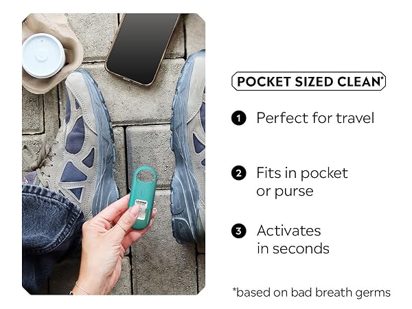 pocket sized clean, perfect for travel, fits in pocket or purse, activates in seconds