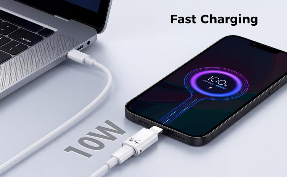 Charges Lightning devices (such as phones and tablets) via a USB-C cable. Supports 5V 2A charging.