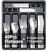 BEWOS 49-Piece Silverware Set with Organizer - Stainless Steel Silverware Set for 8 with Steak Kn...