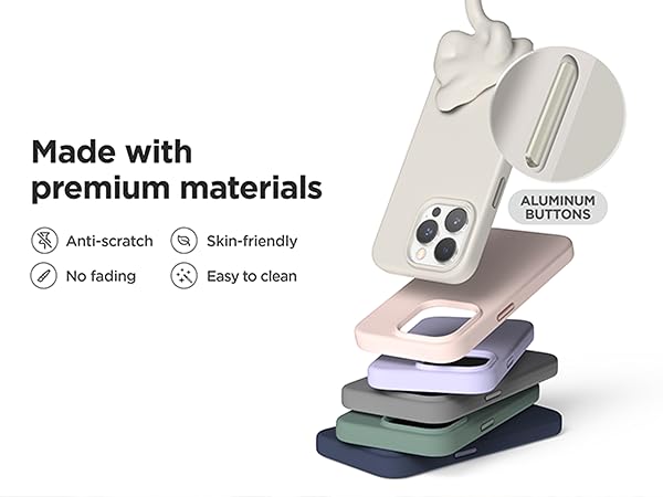 Exploded view of smartphone case components in various colors, featuring aluminum buttons and premium material construction details.