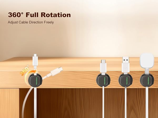 360 degree rotating cable clip, freely adjust direction for all charging & data cords