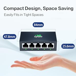 Compact network switch with 5 Ethernet ports. Black device measuring 84mm x 47.8mm x 25.6mm, shown resting on an open palm to emphasize small size. Logo visible on top.