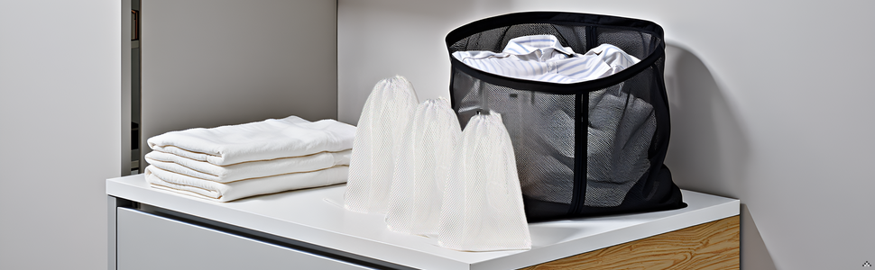 A mesh bag filled with various household items like socks, towels, and clothes.