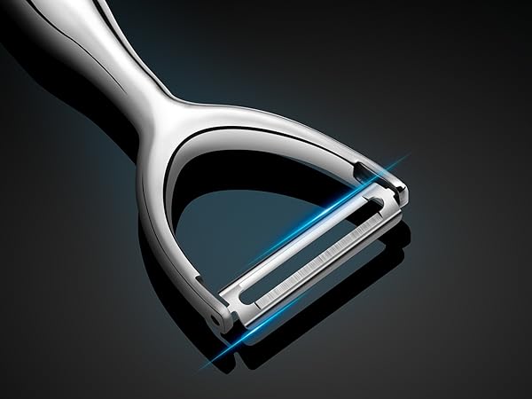 Potato peeler with ultra-sharp double-sided blades and rotating design for thin peels
